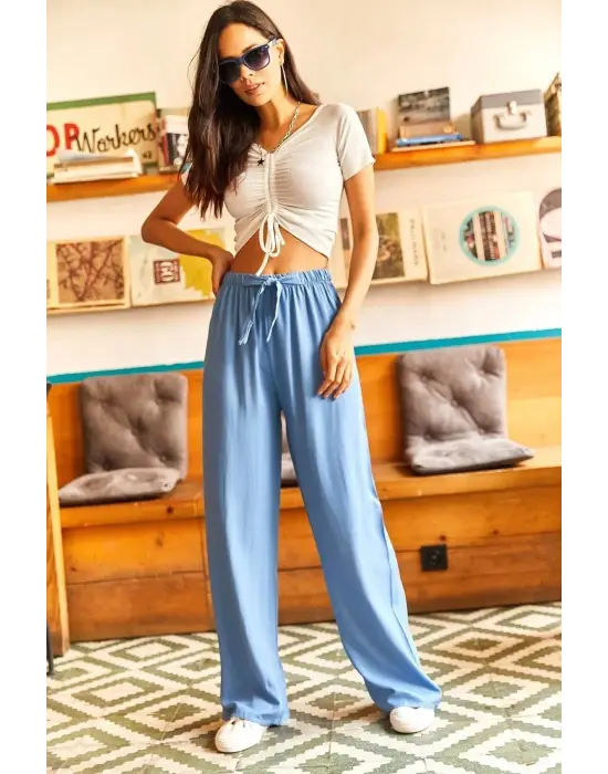 Omarı Mavi Dokuma Viscon Kuşaklı Palazzo Pantolon