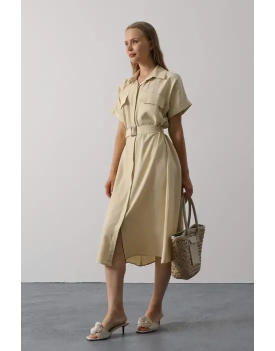 Omarı Şık Kuşaklı Yarım Kol Elbise - Ekru