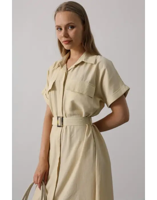 Kuşaklı Cep Detaylı Yarım Kol Elbise - Ekru
