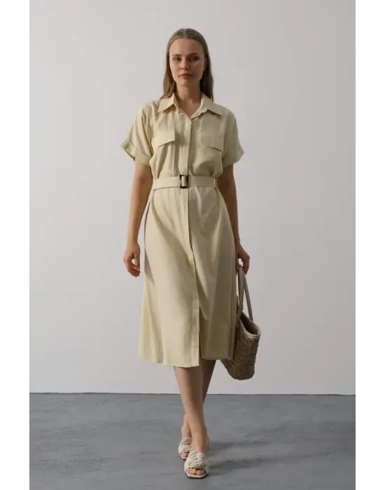 Omarı Şık Kuşaklı Yarım Kol Elbise - Ekru