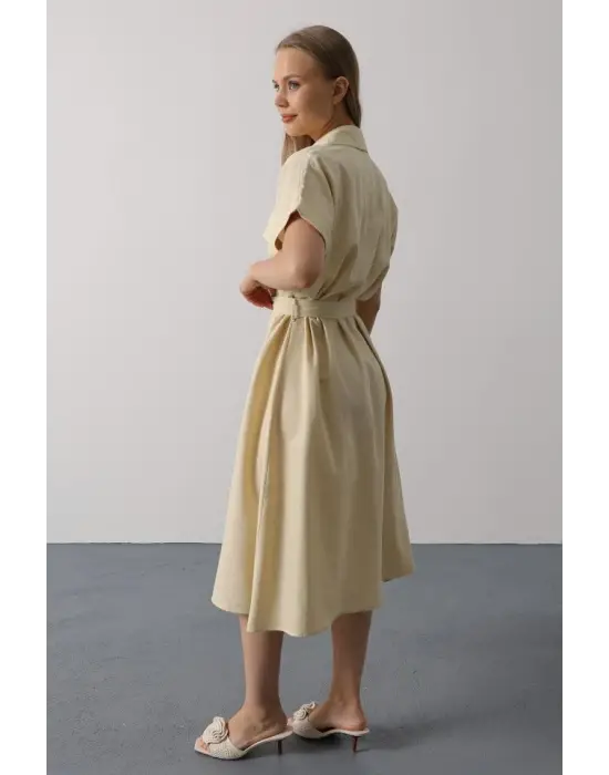 Kuşaklı Cep Detaylı Yarım Kol Elbise - Ekru