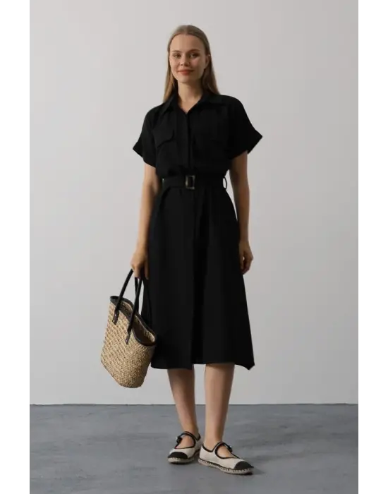 Kuşaklı Cep Detaylı Yarım Kol Elbise - Siyah