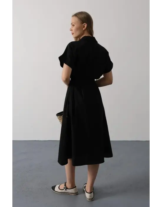 Kuşaklı Cep Detaylı Yarım Kol Elbise - Siyah