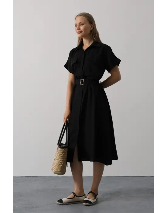 Kuşaklı Cep Detaylı Yarım Kol Elbise - Siyah