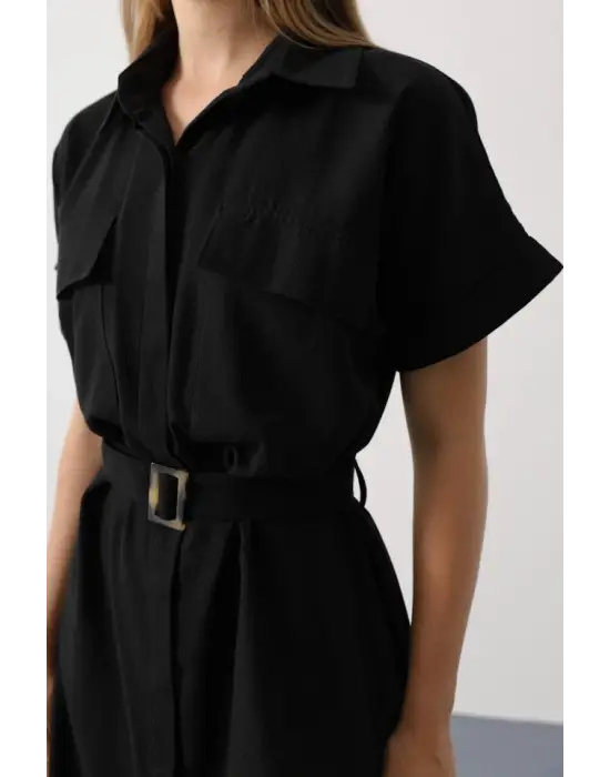 Kuşaklı Cep Detaylı Yarım Kol Elbise - Siyah