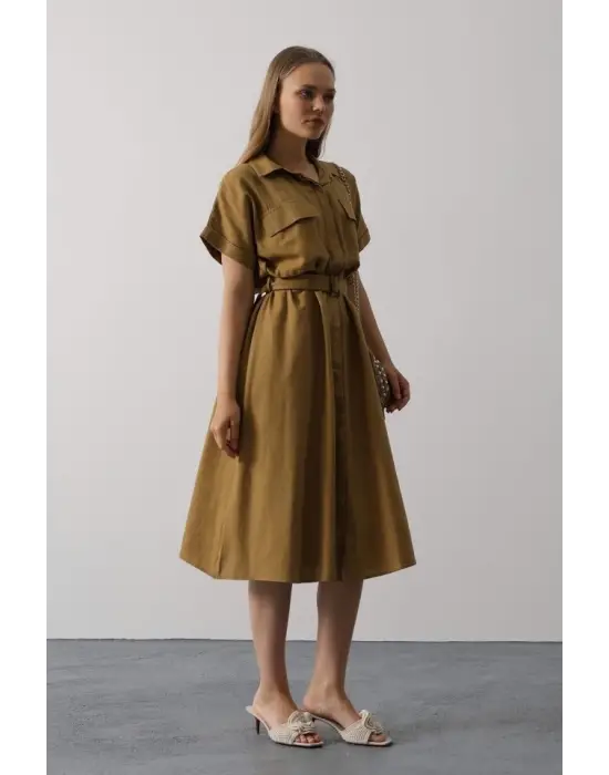 Kuşaklı Cep Detaylı Yarım Kol Elbise - Yağ Yeşili