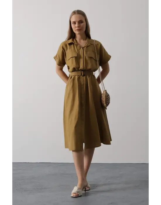 Kuşaklı Cep Detaylı Yarım Kol Elbise - Yağ Yeşili