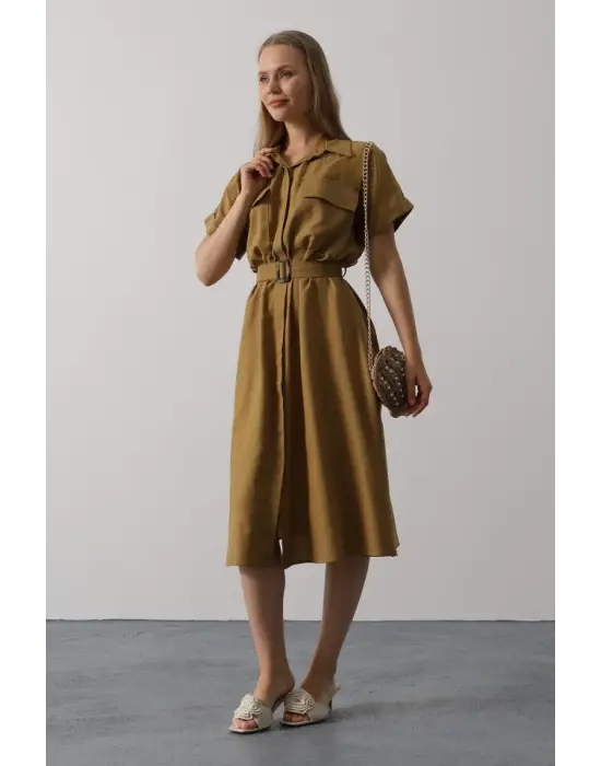 Kuşaklı Cep Detaylı Yarım Kol Elbise - Yağ Yeşili
