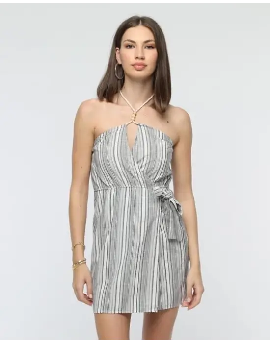 Çarpıcı Çizgili Mini Keten Elbise
