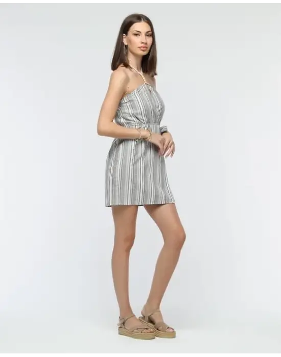 Omarı Keten Elbise - Kuşaklı Çizgili Mini Elbise