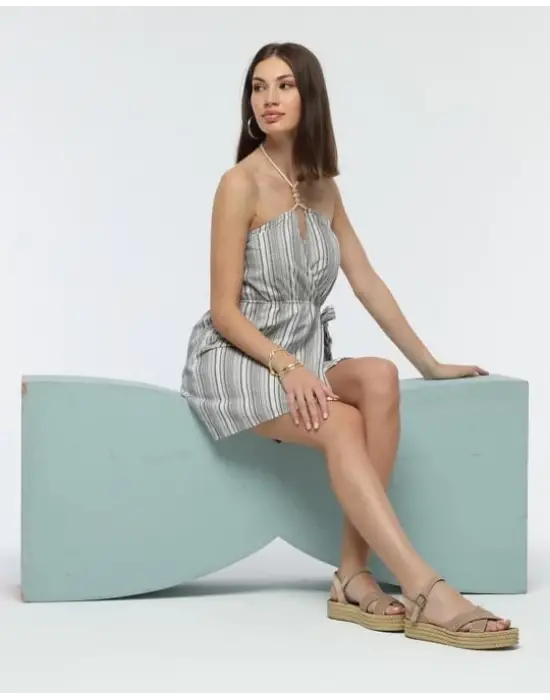 Omarı Keten Elbise - Kuşaklı Çizgili Mini Elbise