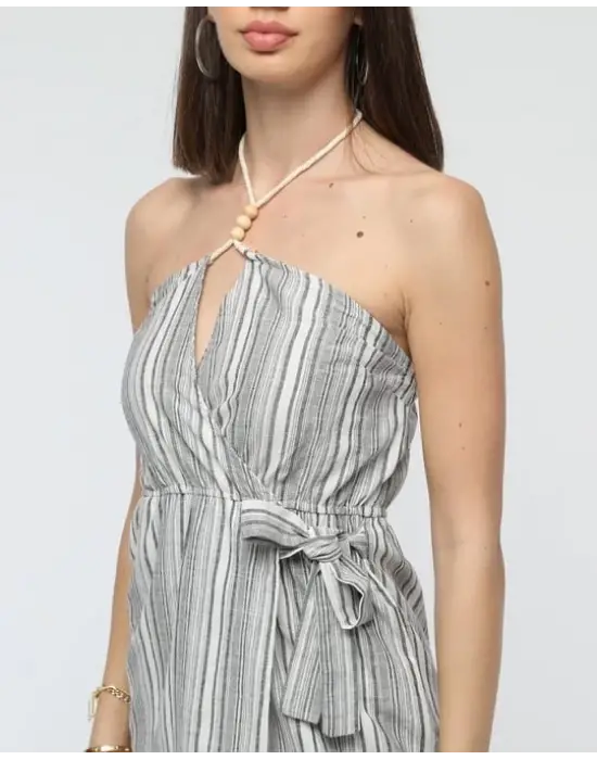 Omarı Keten Elbise - Kuşaklı Çizgili Mini Elbise