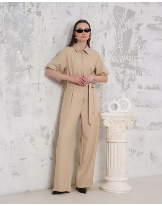 Kuşaklı gömlek yaka salaş tulum bej s255822