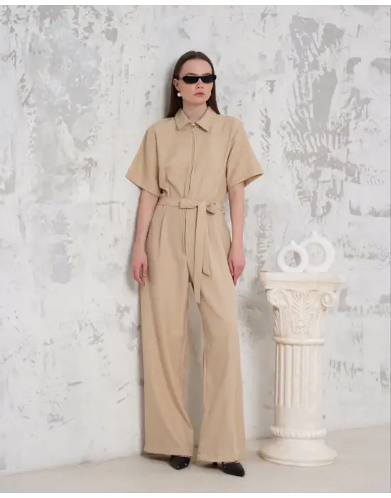 Kuşaklı gömlek yaka salaş tulum bej s255822