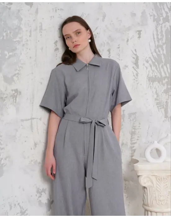 Kuşaklı gömlek yaka salaş tulum gri s255822