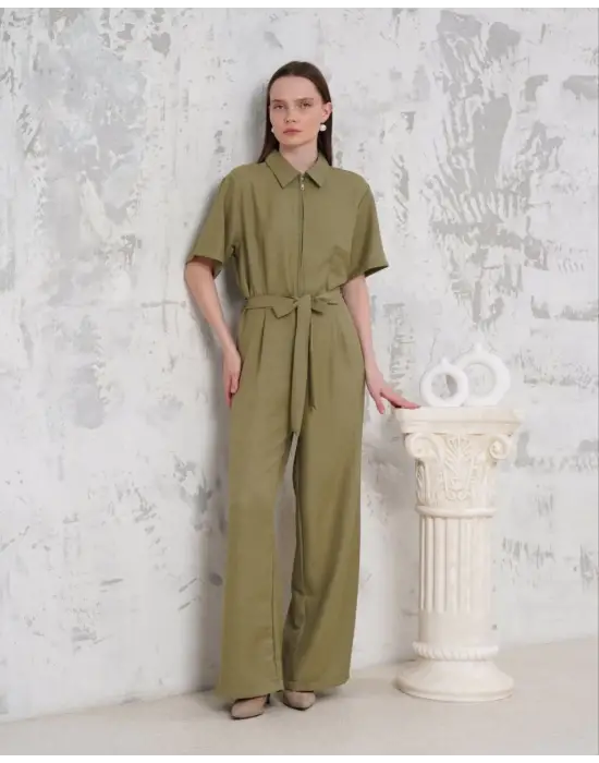 Kuşaklı gömlek yaka salaş tulum haki s255822