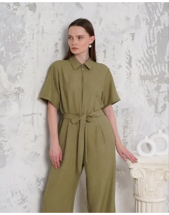 Kuşaklı gömlek yaka salaş tulum haki s255822