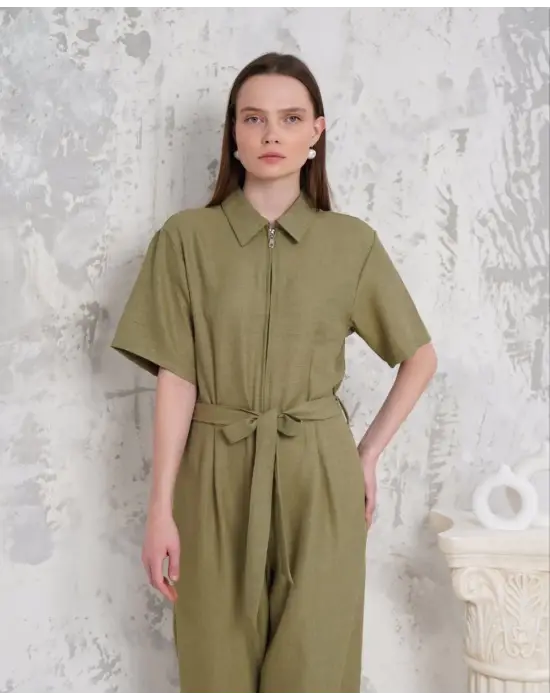 Kuşaklı gömlek yaka salaş tulum haki s255822