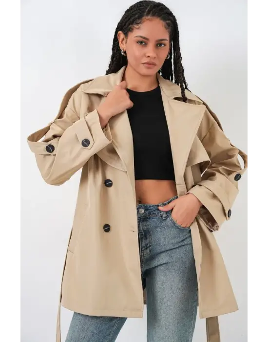Kuşaklı Kısa Trençkot 5974 - Bej