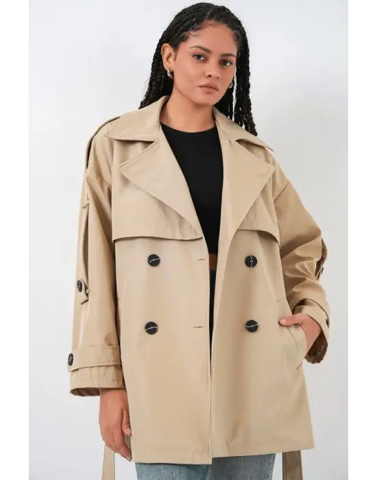 Kuşaklı Kısa Trençkot 5974 - Bej