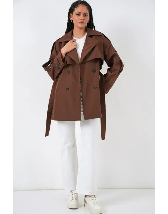 Kuşaklı Kısa Trençkot 5974 - Kahverengi