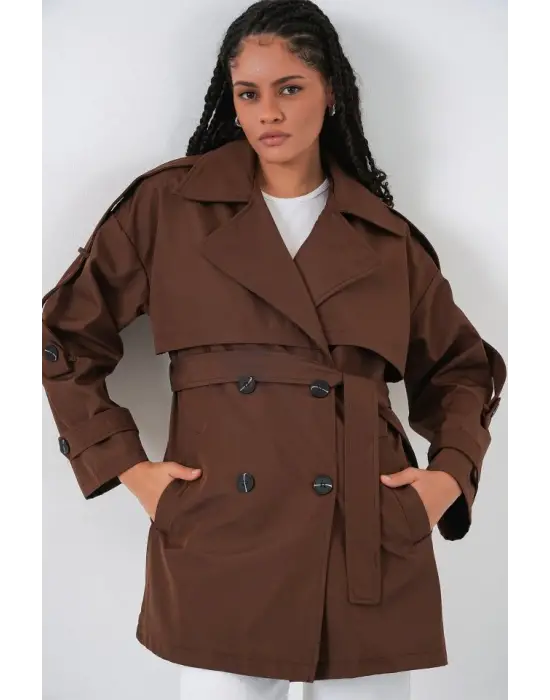 Kuşaklı Kısa Trençkot 5974 - Kahverengi