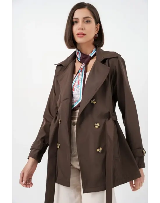 Kuşaklı Kısa Trençkot 5982 - Kahverengi