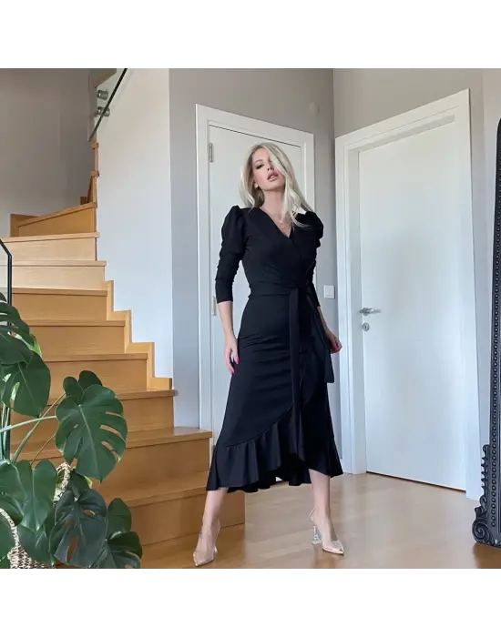 Omarı Krep Kumaş Midi Boy Kuşaklı Elbise