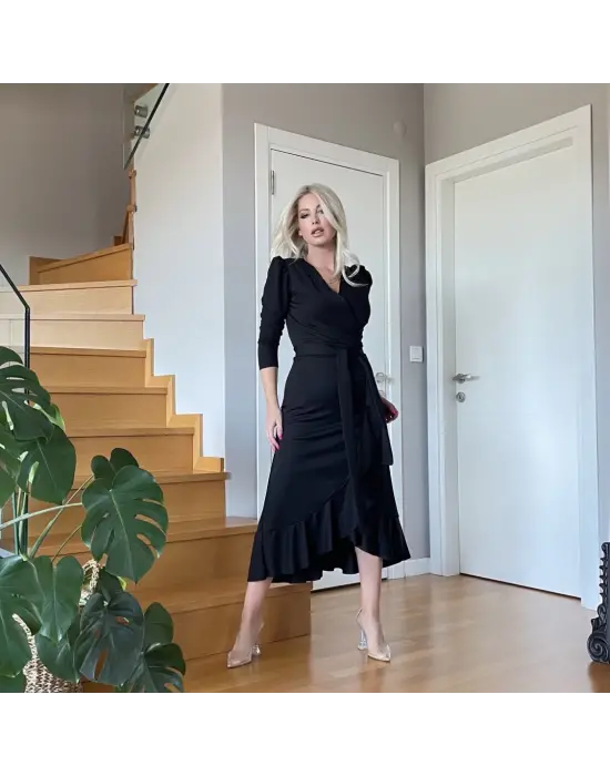 Omarı Krep Kumaş Midi Boy Kuşaklı Elbise