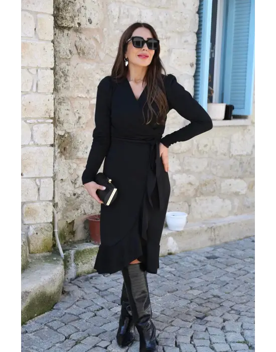 Omarı Krep Kumaş Midi Boy Kuşaklı Elbise