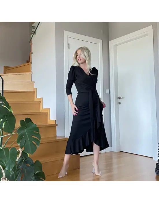 Omarı Krep Kumaş Midi Boy Kuşaklı Elbise