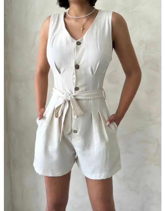 Kuşaklı şortlu tulum