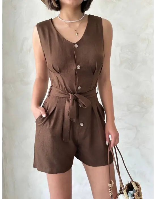 Kuşaklı şortlu tulum