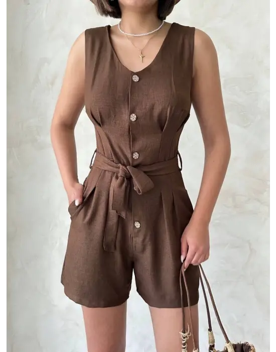 Kuşaklı şortlu tulum