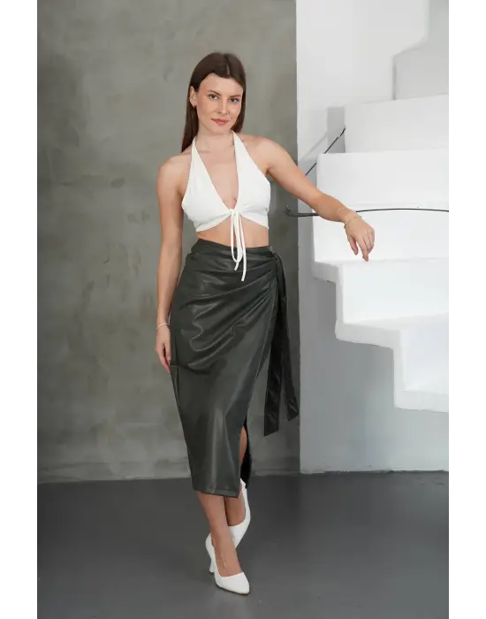 Kuşaklı uzun deri etek haki h26414