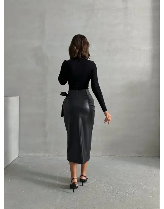 Kuşaklı uzun deri etek siyah h26414