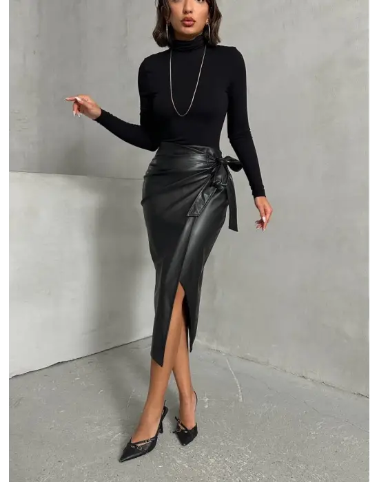 Kuşaklı uzun deri etek siyah h26414