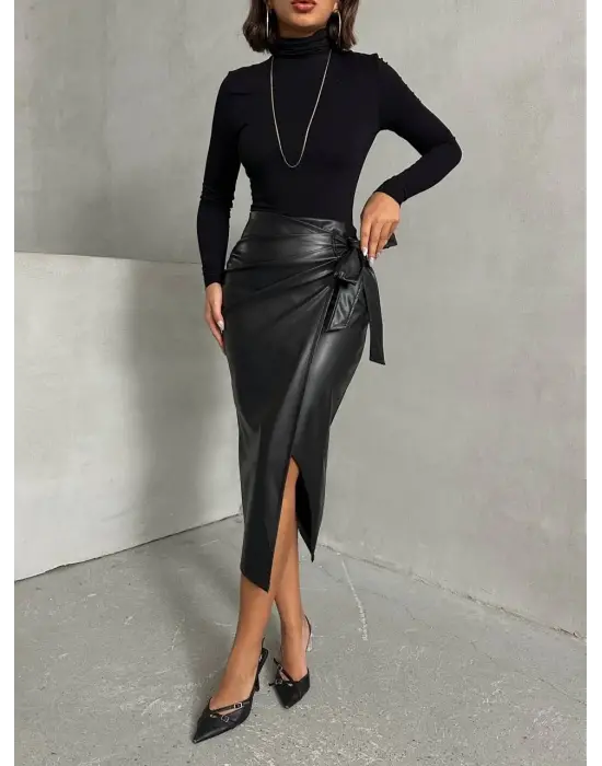 Kuşaklı uzun deri etek siyah h26414