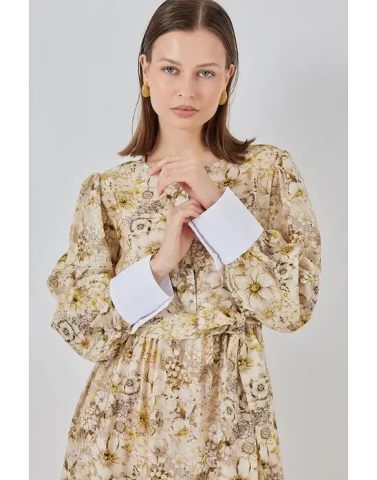 Kuşaklı Uzun Elbise 2584 - B.Sarı