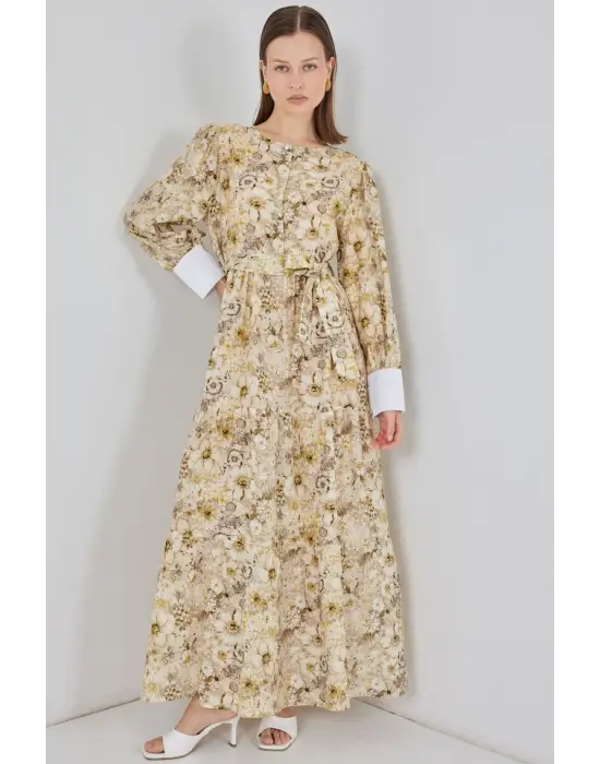 Kuşaklı Uzun Elbise 2584 - B.Sarı