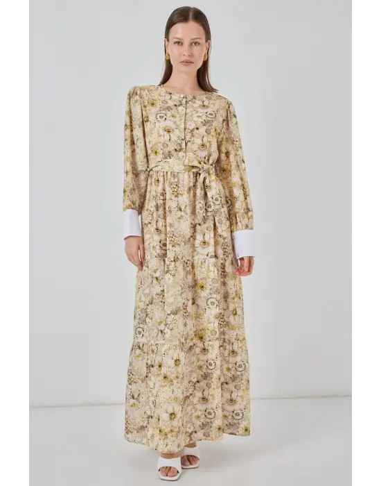 Kuşaklı Uzun Elbise 2584 - B.Sarı