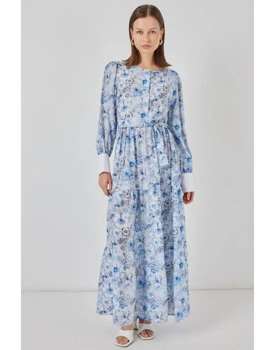 Kuşaklı Uzun Elbise 2584 - Mavi