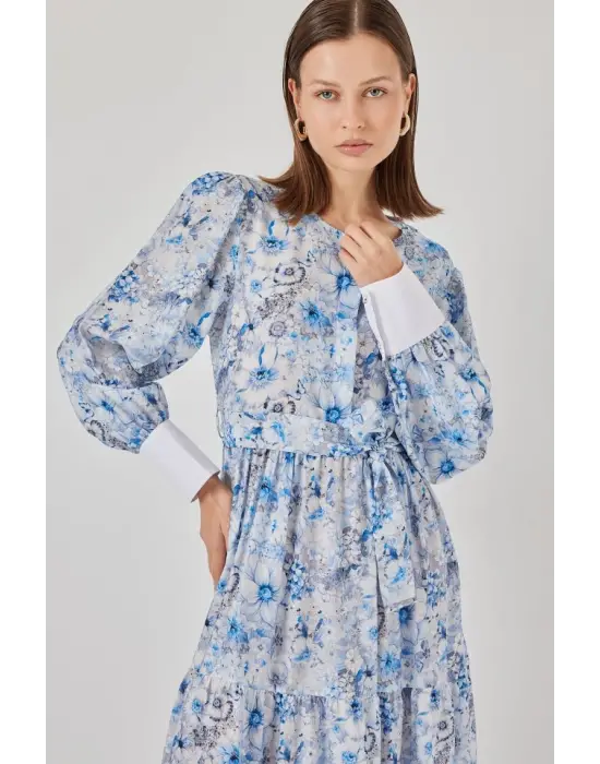 Kuşaklı Uzun Elbise 2584 - Mavi