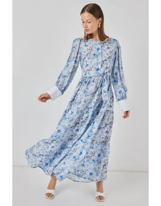 Kuşaklı Uzun Elbise 2584 - Mavi
