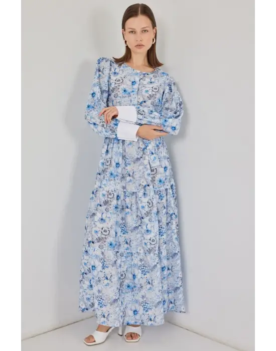 Kuşaklı Uzun Elbise 2584 - Mavi