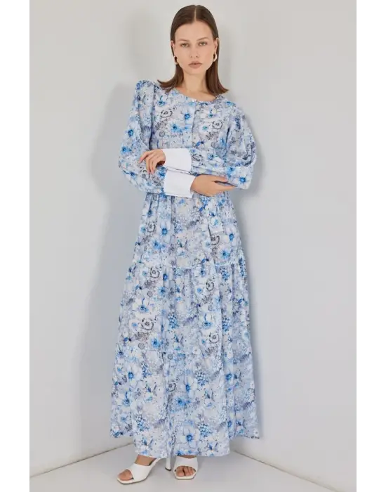 Kuşaklı Uzun Elbise 2584 - Mavi