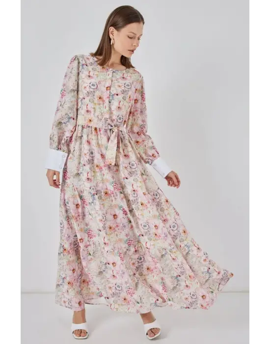 Kuşaklı Uzun Elbise 2584 - Pembe