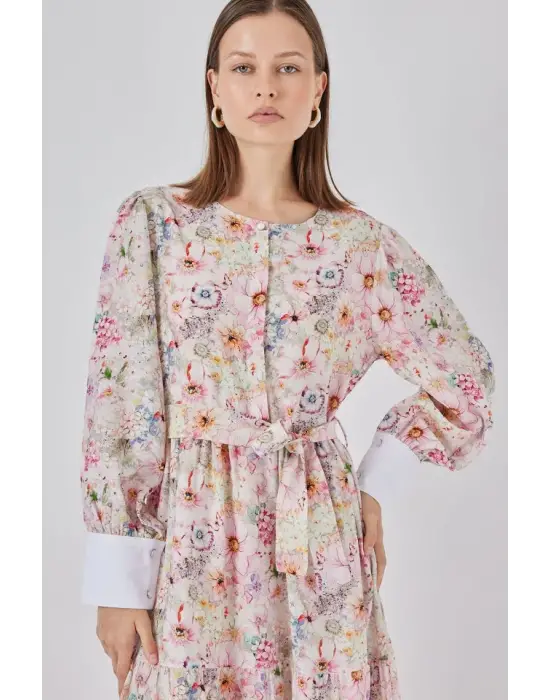 Kuşaklı Uzun Elbise 2584 - Pembe