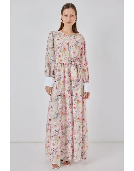 Kuşaklı Uzun Elbise 2584 - Pembe