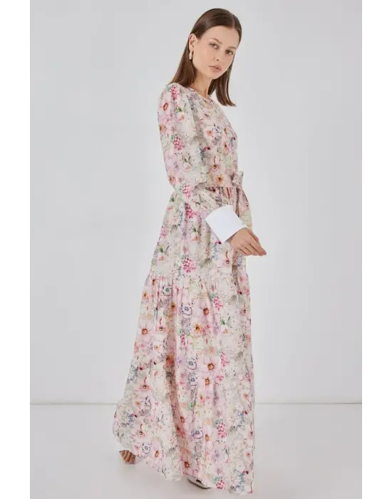 Kuşaklı Uzun Elbise 2584 - Pembe